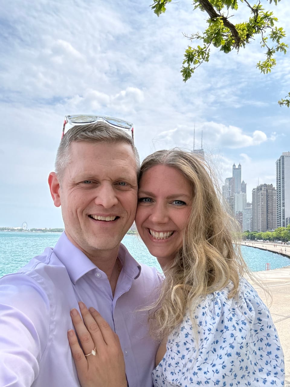Jane and Peter, newly engaged, on the shore of Lake Michigan