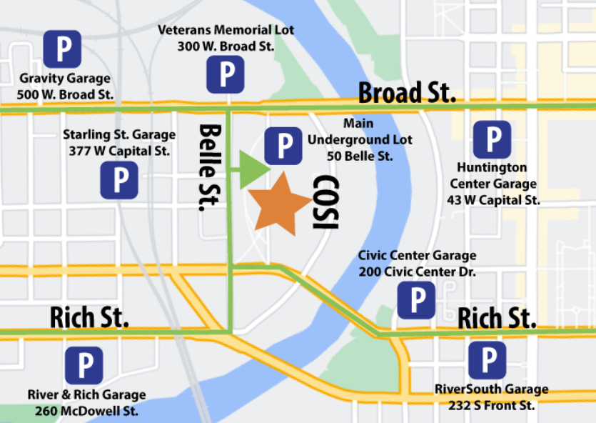 Map of parking garages in downtown Columbus near The Junto
